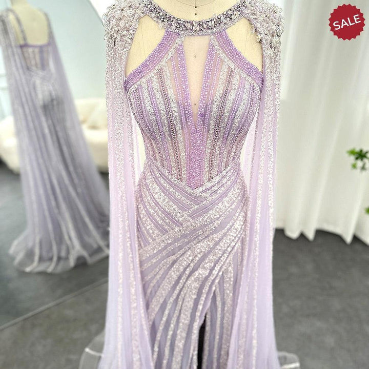 Luxury Crystal Yellow Evening Dress with Cape Sleeves SS203