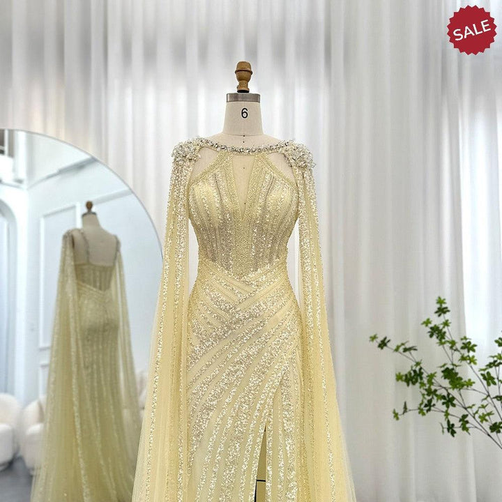 Luxury Crystal Yellow Evening Dress with Cape Sleeves SS203