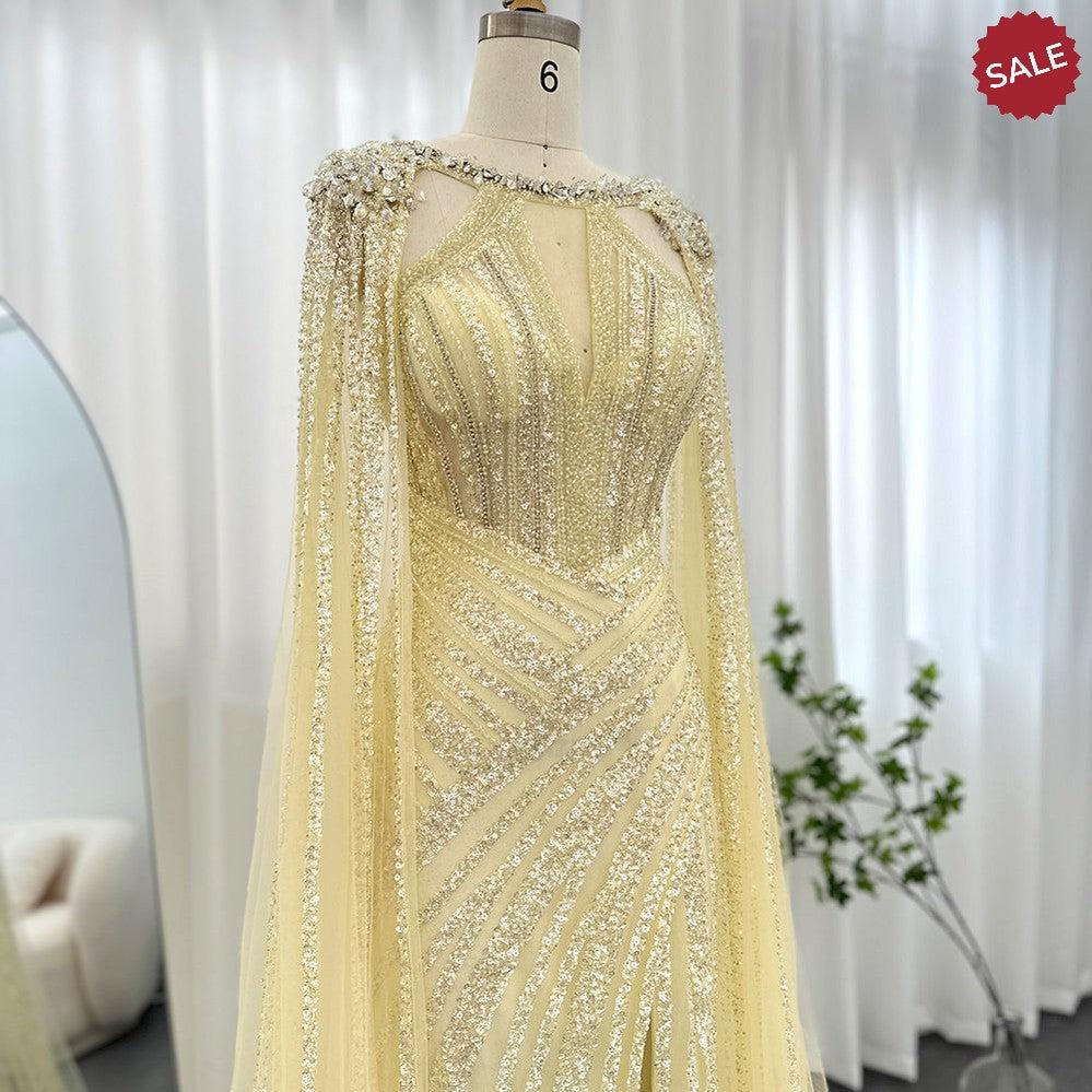 Luxury Crystal Yellow Evening Dress with Cape Sleeves SS203