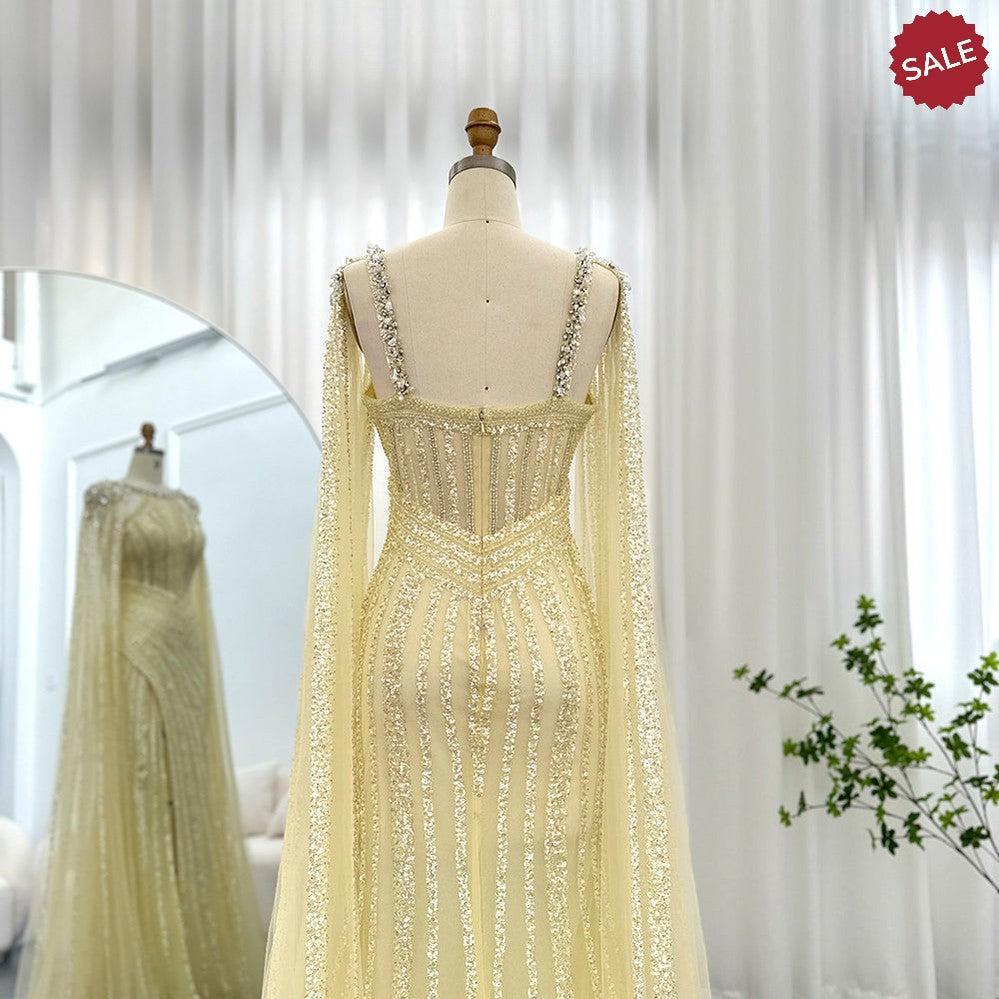 Luxury Crystal Yellow Evening Dress with Cape Sleeves SS203
