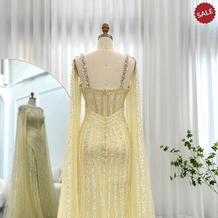 Luxury Crystal Yellow Evening Dress with Cape Sleeves SS203