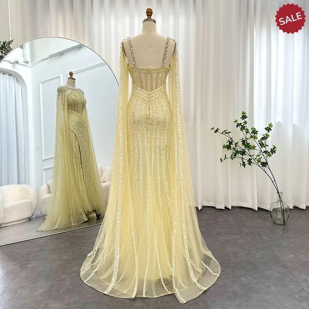 Luxury Crystal Yellow Evening Dress with Cape Sleeves SS203