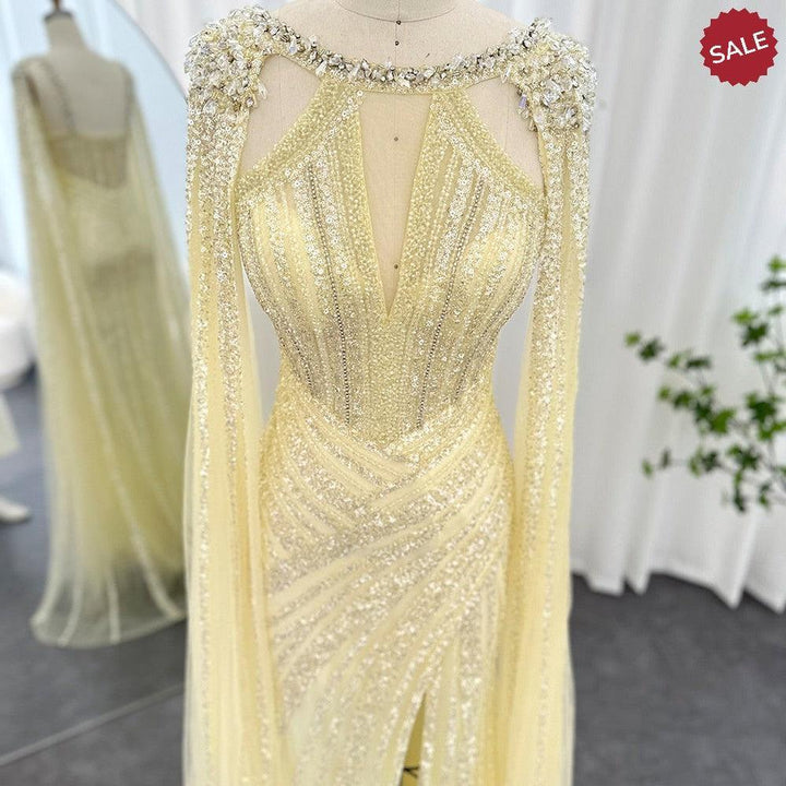 Luxury Crystal Yellow Evening Dress with Cape Sleeves SS203