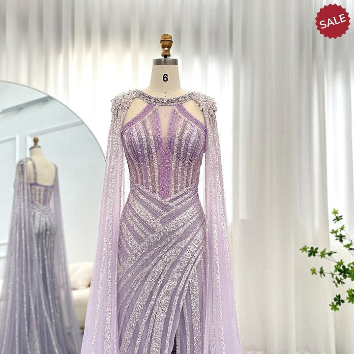 Luxury Crystal Yellow Evening Dress with Cape Sleeves SS203