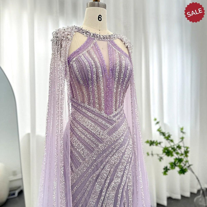 Luxury Crystal Yellow Evening Dress with Cape Sleeves SS203
