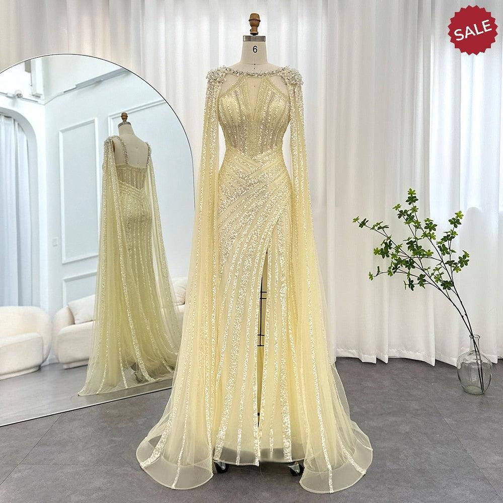 Luxury Crystal Yellow Evening Dress with Cape Sleeves SS203