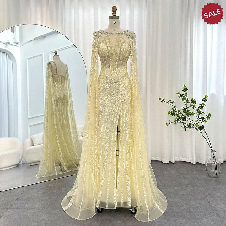 Luxury Crystal Yellow Evening Dress with Cape Sleeves SS203