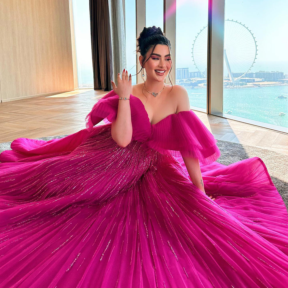 Luxury Dubai Ball Gown Fuchsia Evening Dress for Women Wedding SS390