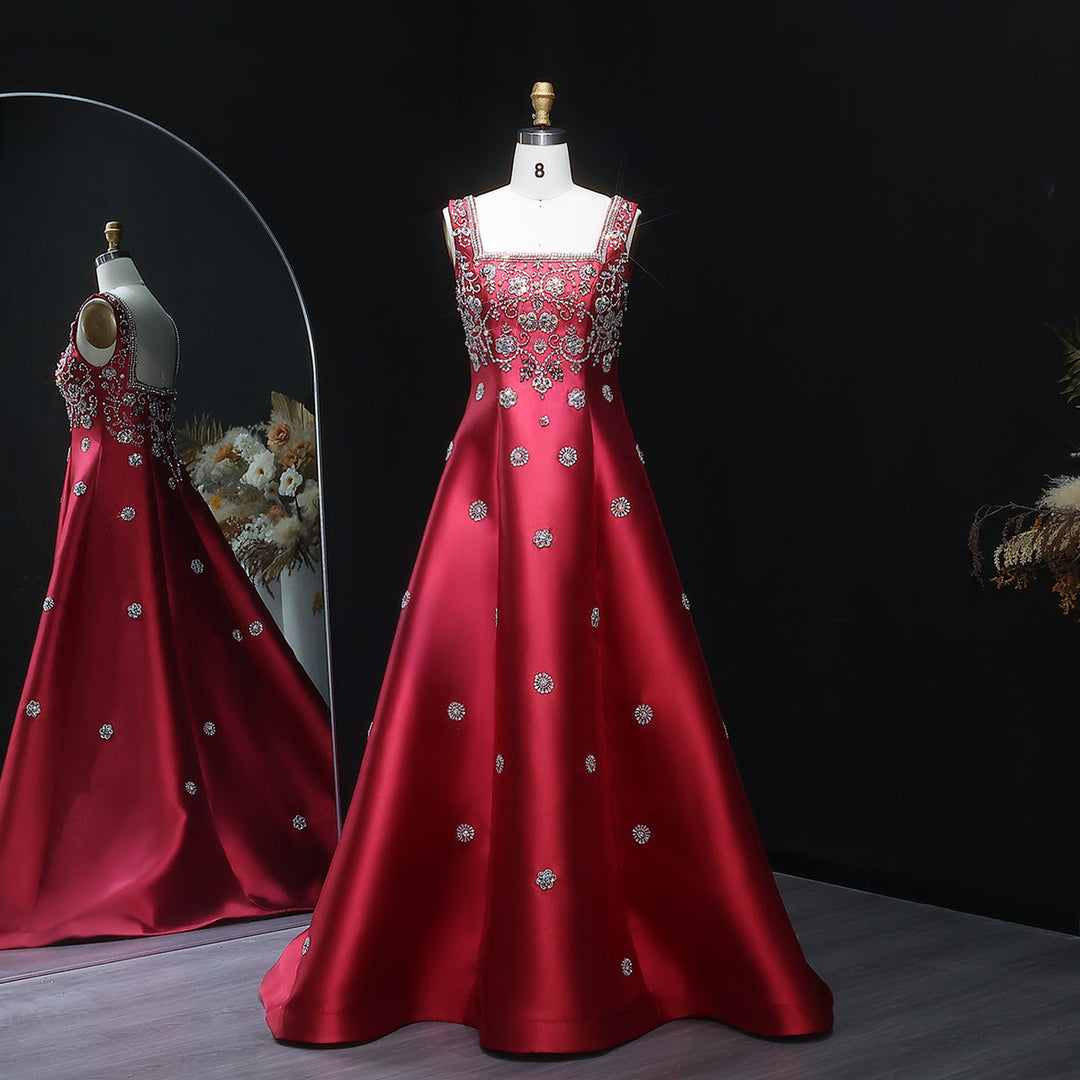 Luxury Dubai Beaded Burgundy Sauqre Neck Evening Dress XD-065 Burgundy / 8