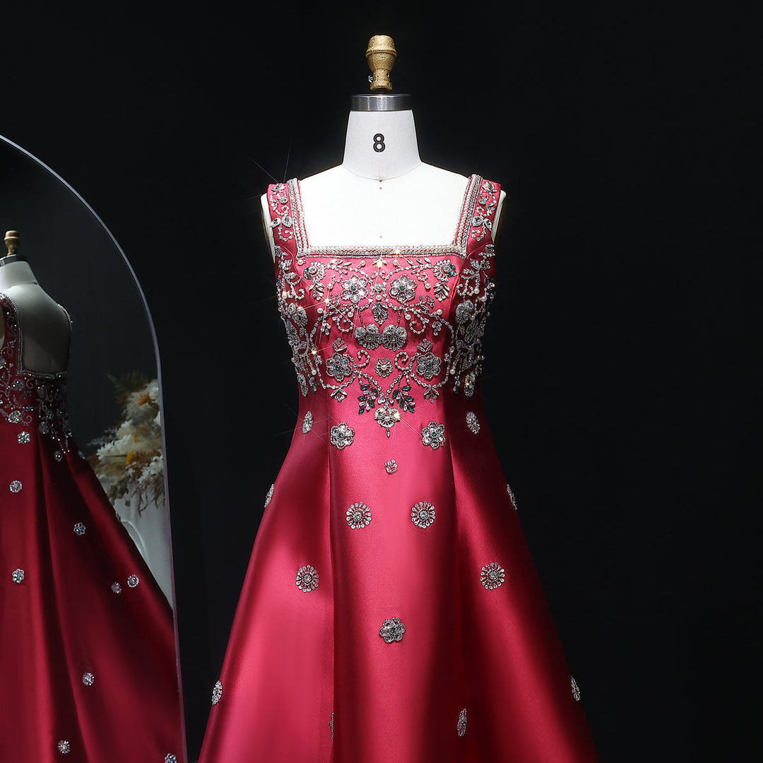 Luxury Dubai Beaded Burgundy Sauqre Neck Evening Dress XD-065