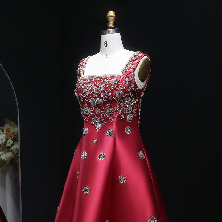 Luxury Dubai Beaded Burgundy Sauqre Neck Evening Dress XD-065