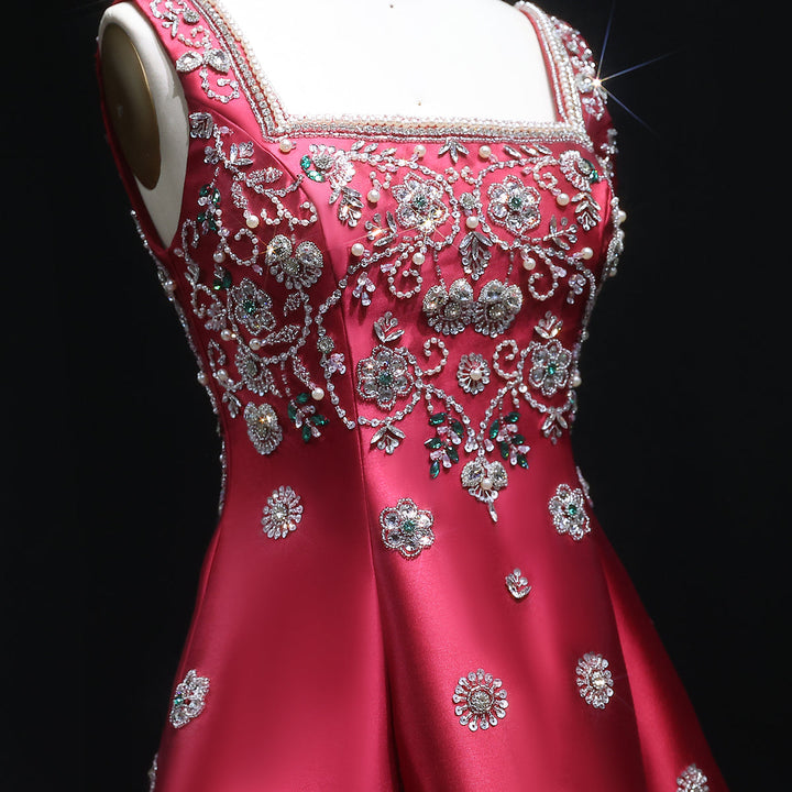 Luxury Dubai Beaded Burgundy Sauqre Neck Evening Dress XD-065