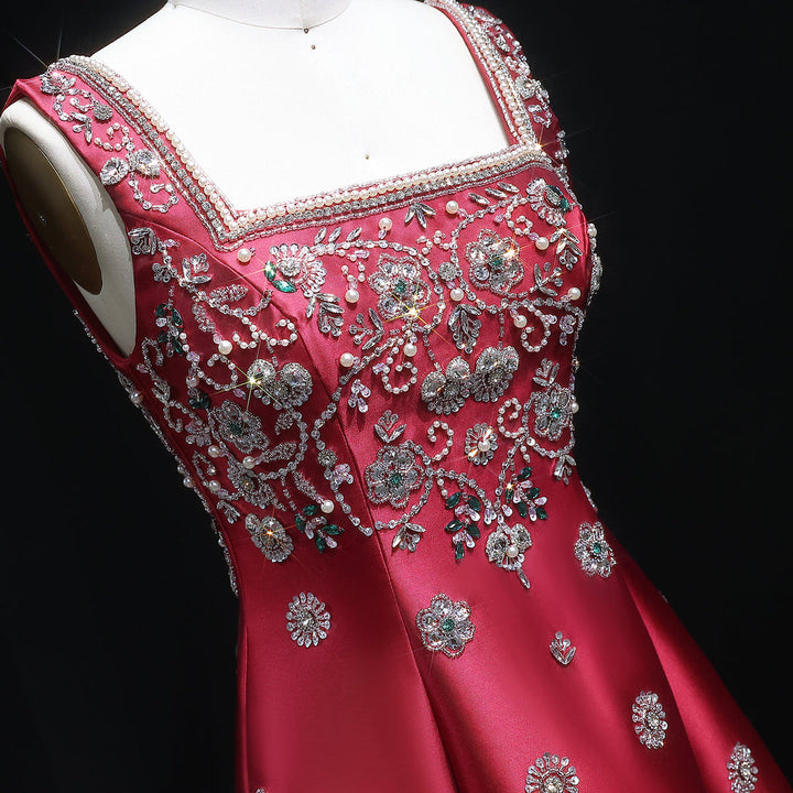 Luxury Dubai Beaded Burgundy Sauqre Neck Evening Dress XD-065