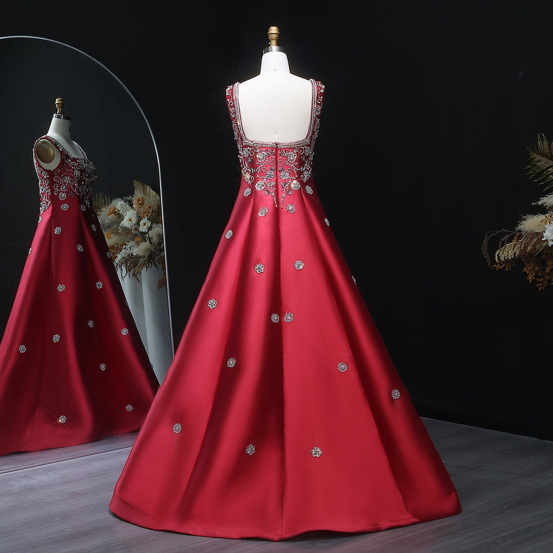 Luxury Dubai Beaded Burgundy Sauqre Neck Evening Dress XD-065