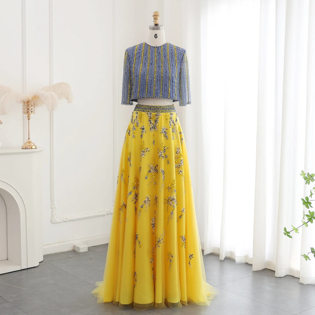 Luxury Dubai Blue Yellow 2 Pieces Evening Dresses SS490