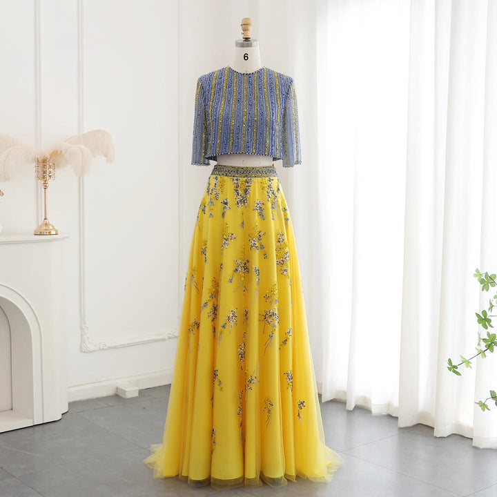 Luxury Dubai Blue Yellow 2 Pieces Evening Dresses SS490