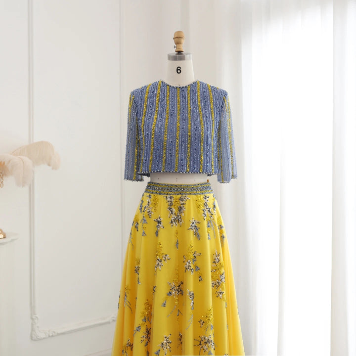 Luxury Dubai Blue Yellow 2 Pieces Evening Dresses SS490