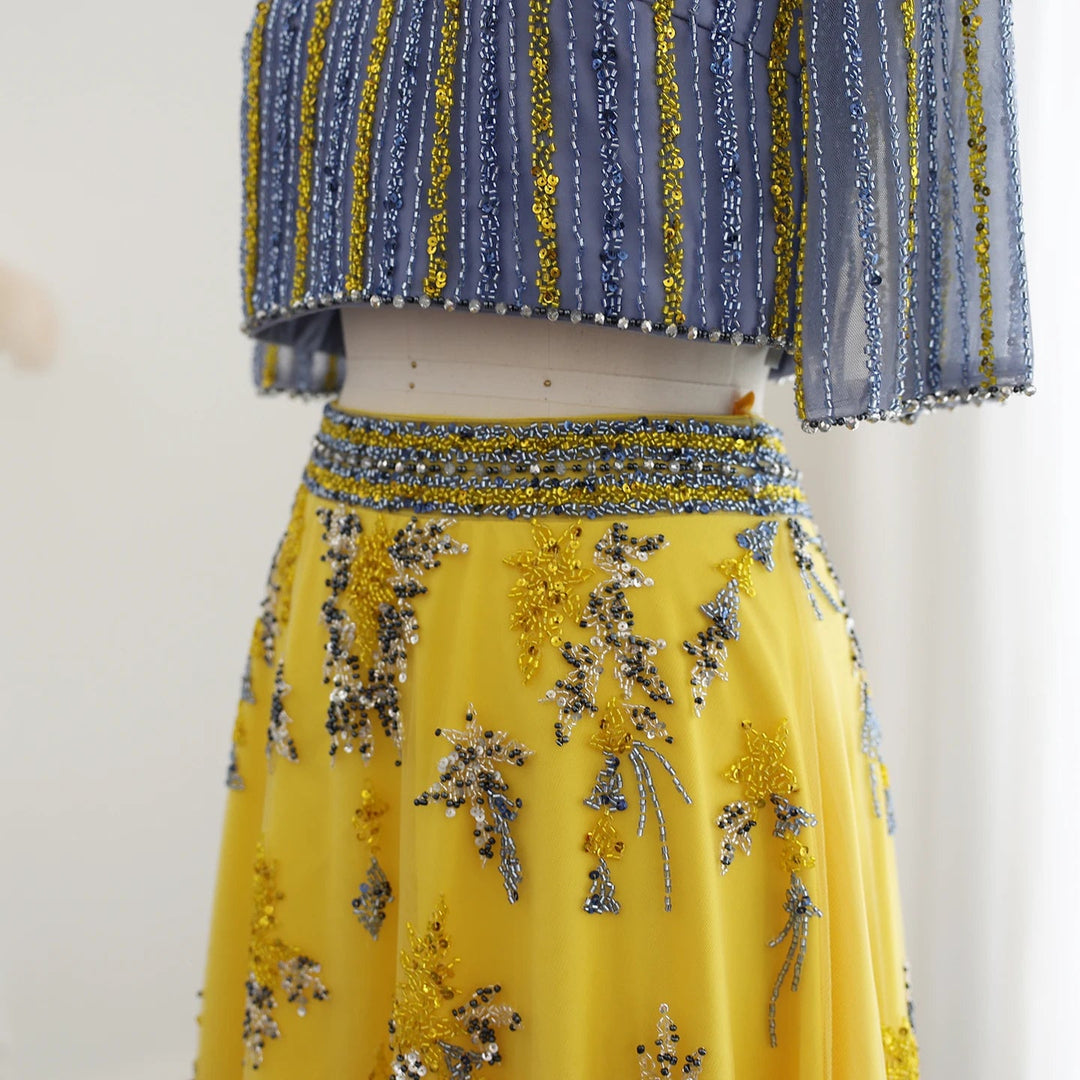 Luxury Dubai Blue Yellow 2 Pieces Evening Dresses SS490