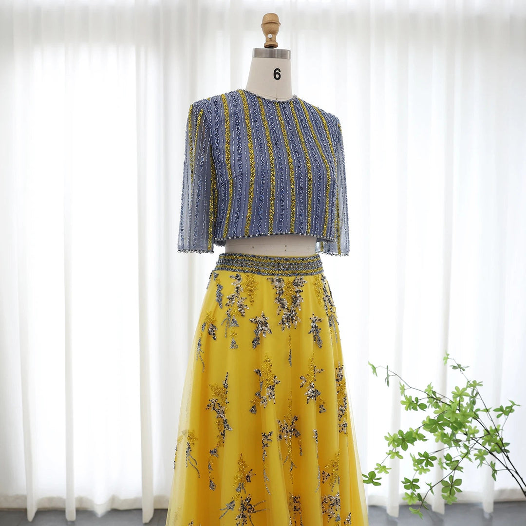 Luxury Dubai Blue Yellow 2 Pieces Evening Dresses SS490