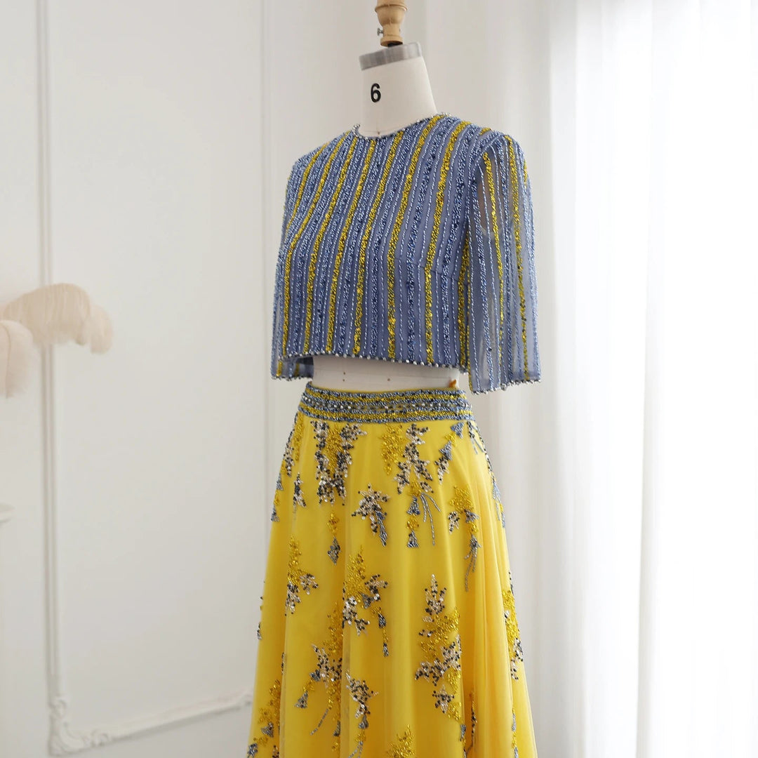 Luxury Dubai Blue Yellow 2 Pieces Evening Dresses SS490