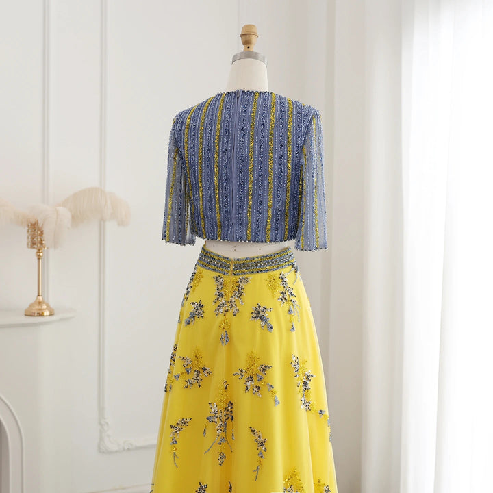 Luxury Dubai Blue Yellow 2 Pieces Evening Dresses SS490