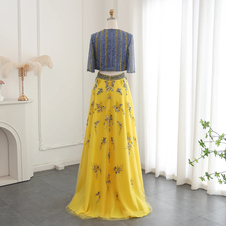 Luxury Dubai Blue Yellow 2 Pieces Evening Dresses SS490