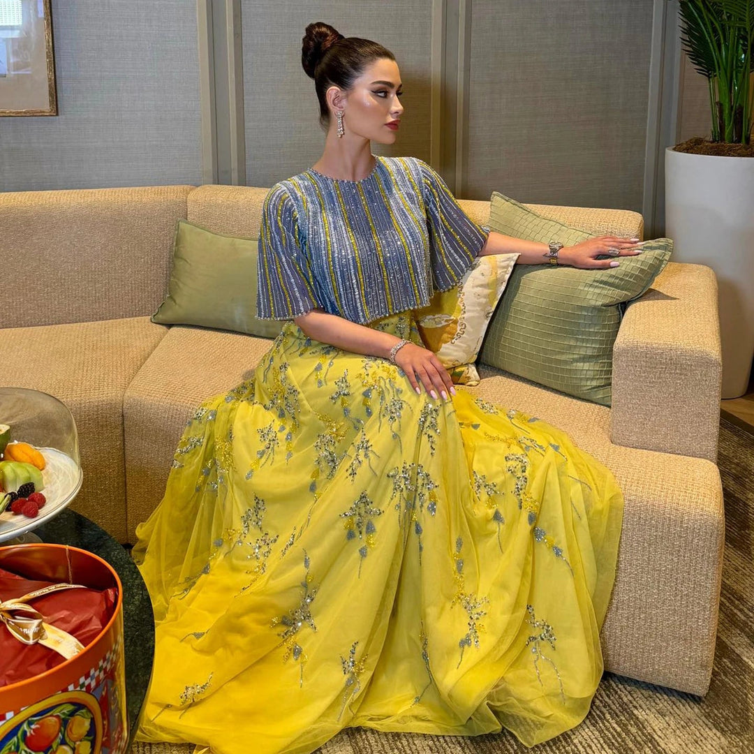 Luxury Dubai Blue Yellow 2 Pieces Evening Dresses SS490