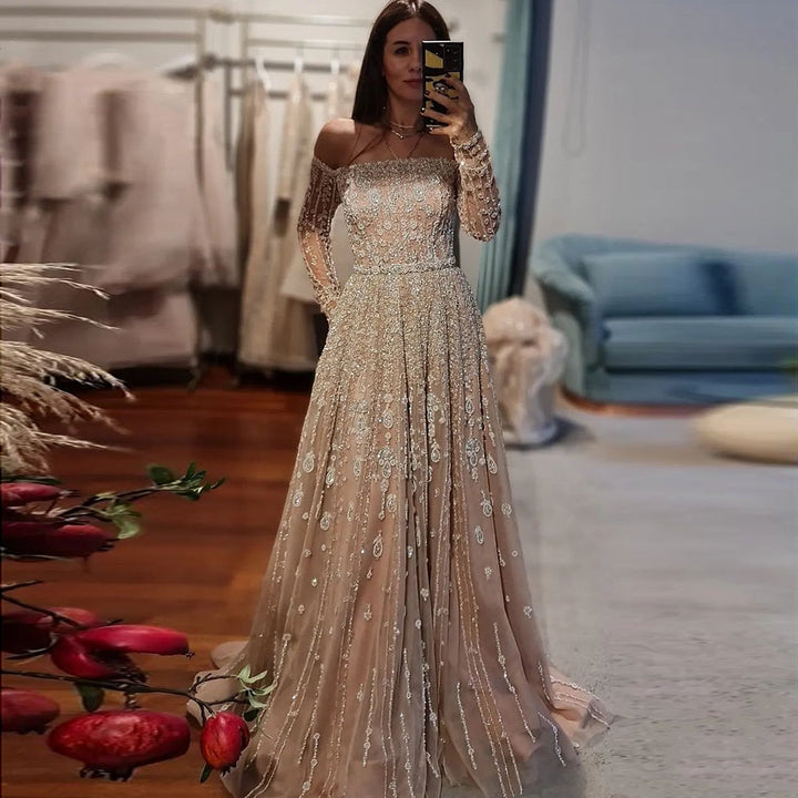 Luxury Dubai Evening Dress Elegant Off Shoulder Long Sleeves SS489