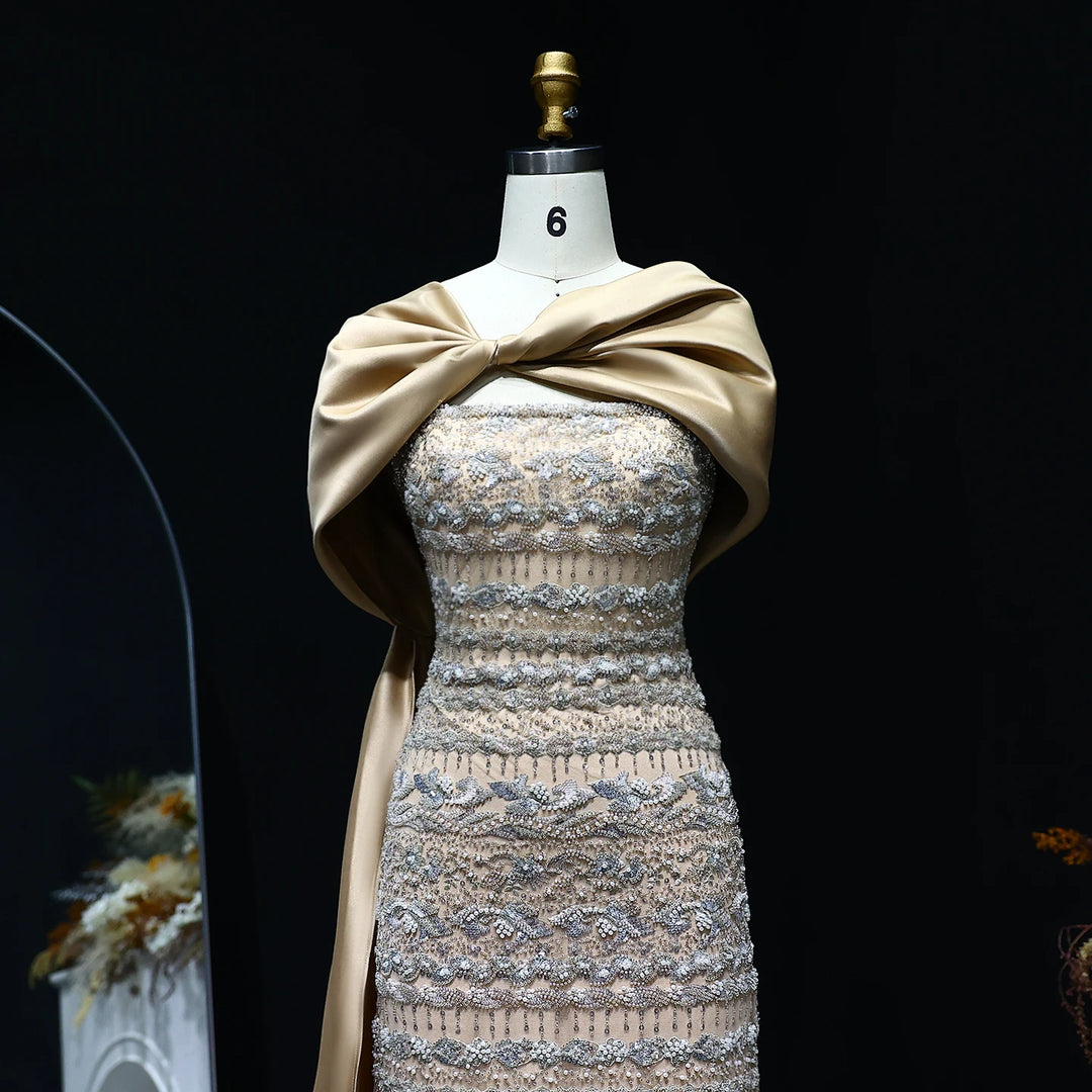dress white and gold original Luxury Dubai Evening Dress with Cape Long Party Gowns SS238B – DreamyVow