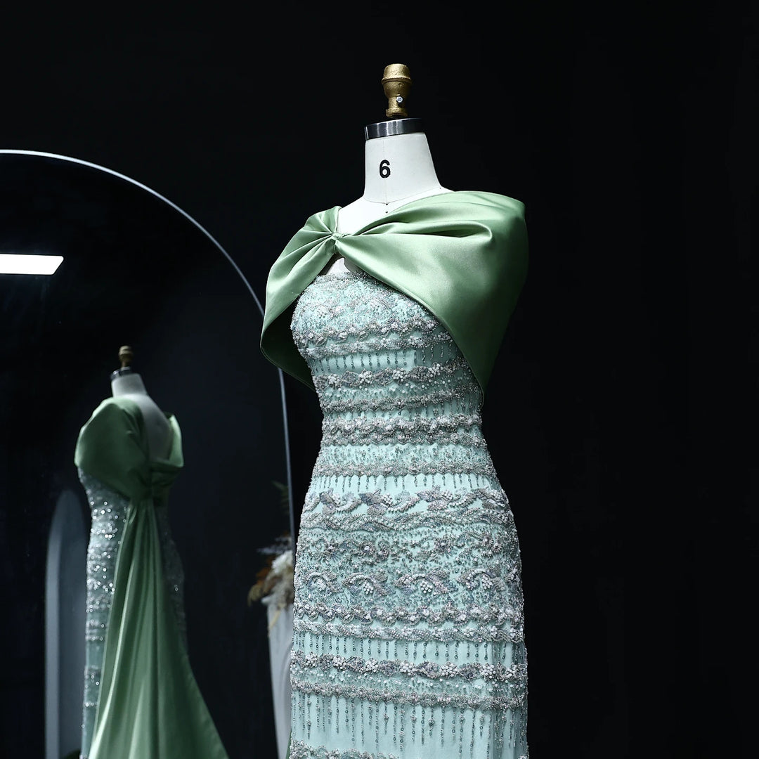 Luxury Dubai Evening Dress With Cape Long Party Gowns SS238B Green / 2 Luxury Dubai Evening Dress With Cape Long Party Gowns SS238B Green / 2