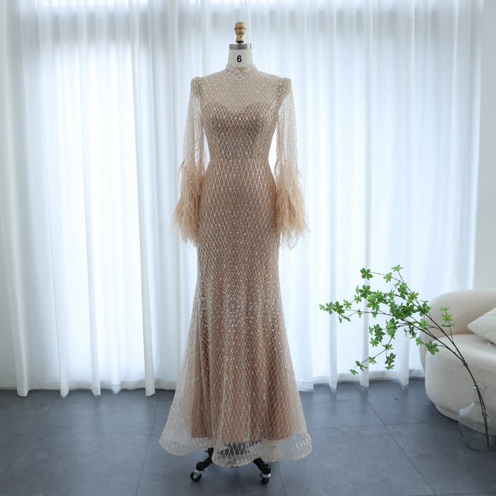 Luxury Dubai Feathers Nude Evening Dresses Long Sleeves SS227