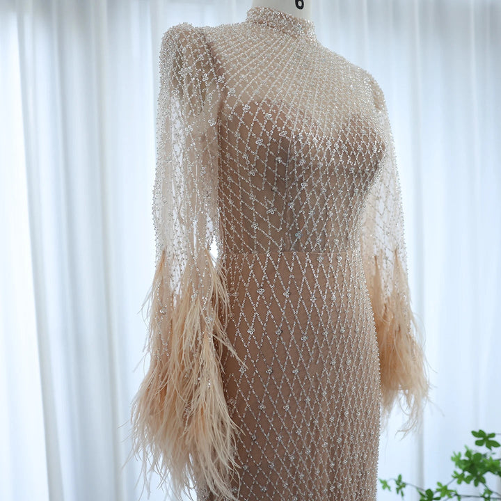 Luxury Dubai Feathers Nude Evening Dresses Long Sleeves SS227