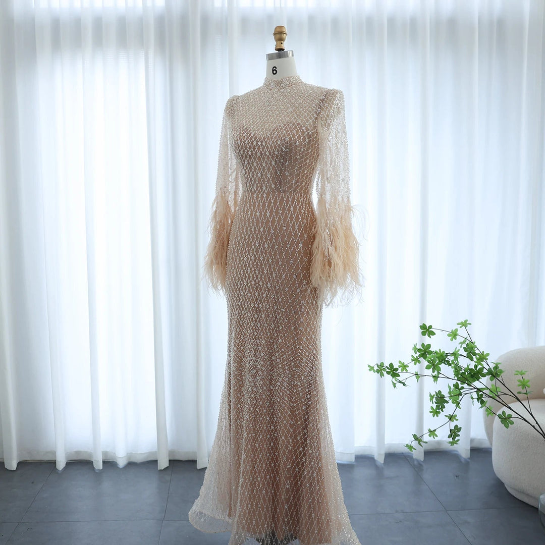 Luxury Dubai Feathers Nude Evening Dresses Long Sleeves SS227