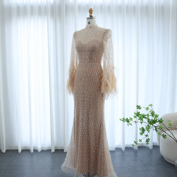 Luxury Dubai Feathers Nude Evening Dresses Long Sleeves SS227
