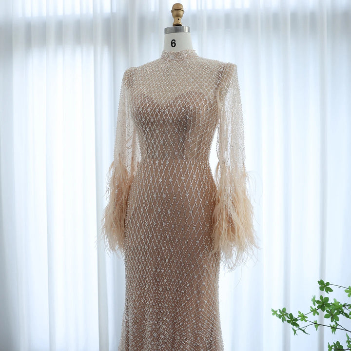 Luxury Dubai Feathers Nude Evening Dresses Long Sleeves SS227