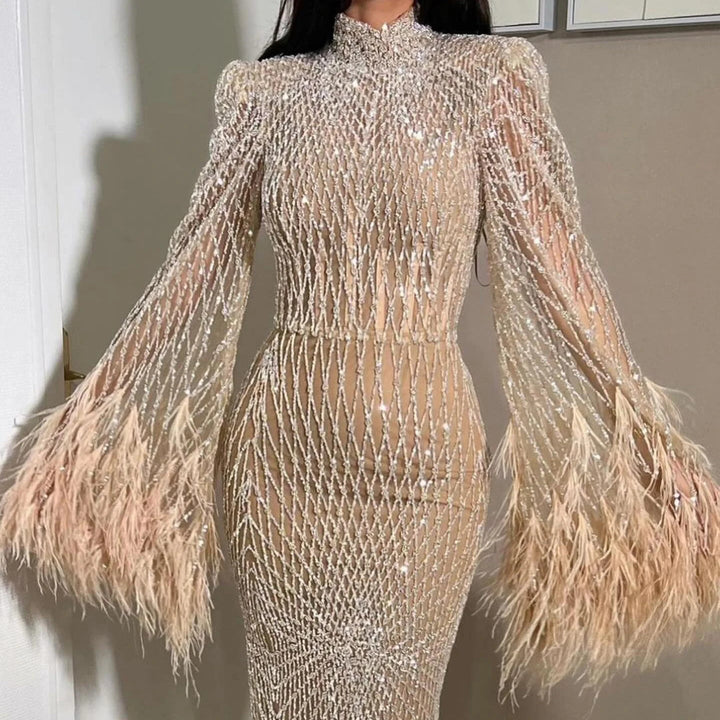 Luxury Dubai Feathers Nude Evening Dresses Long Sleeves SS227