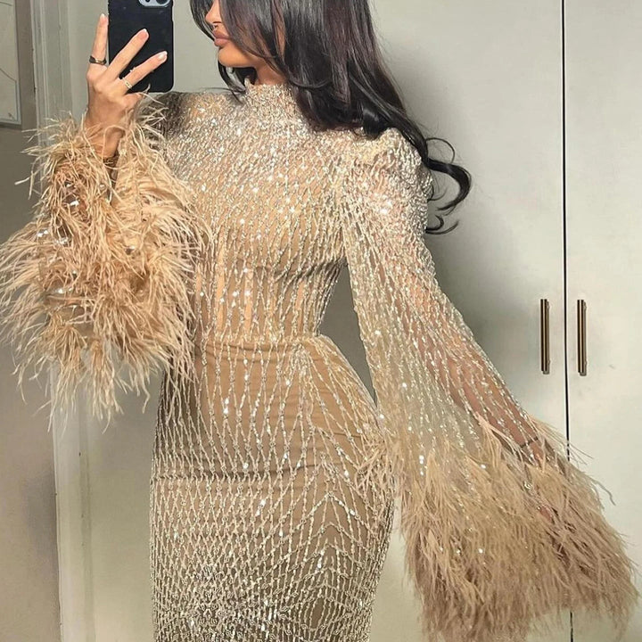Luxury Dubai Feathers Nude Evening Dresses Long Sleeves SS227