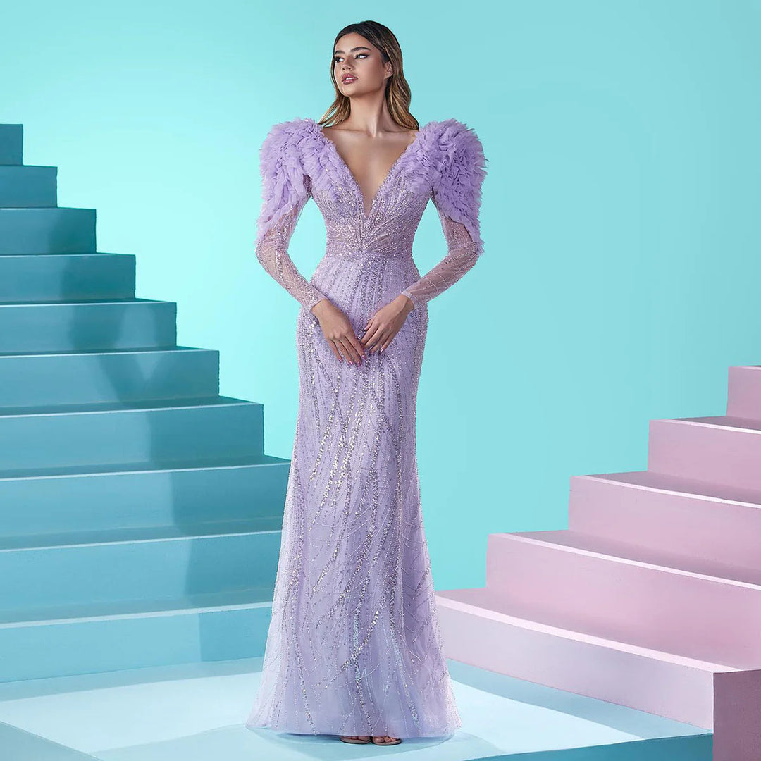 Luxury Dubai Long Sleeves Mermaid Lilac Evening Dress SS433