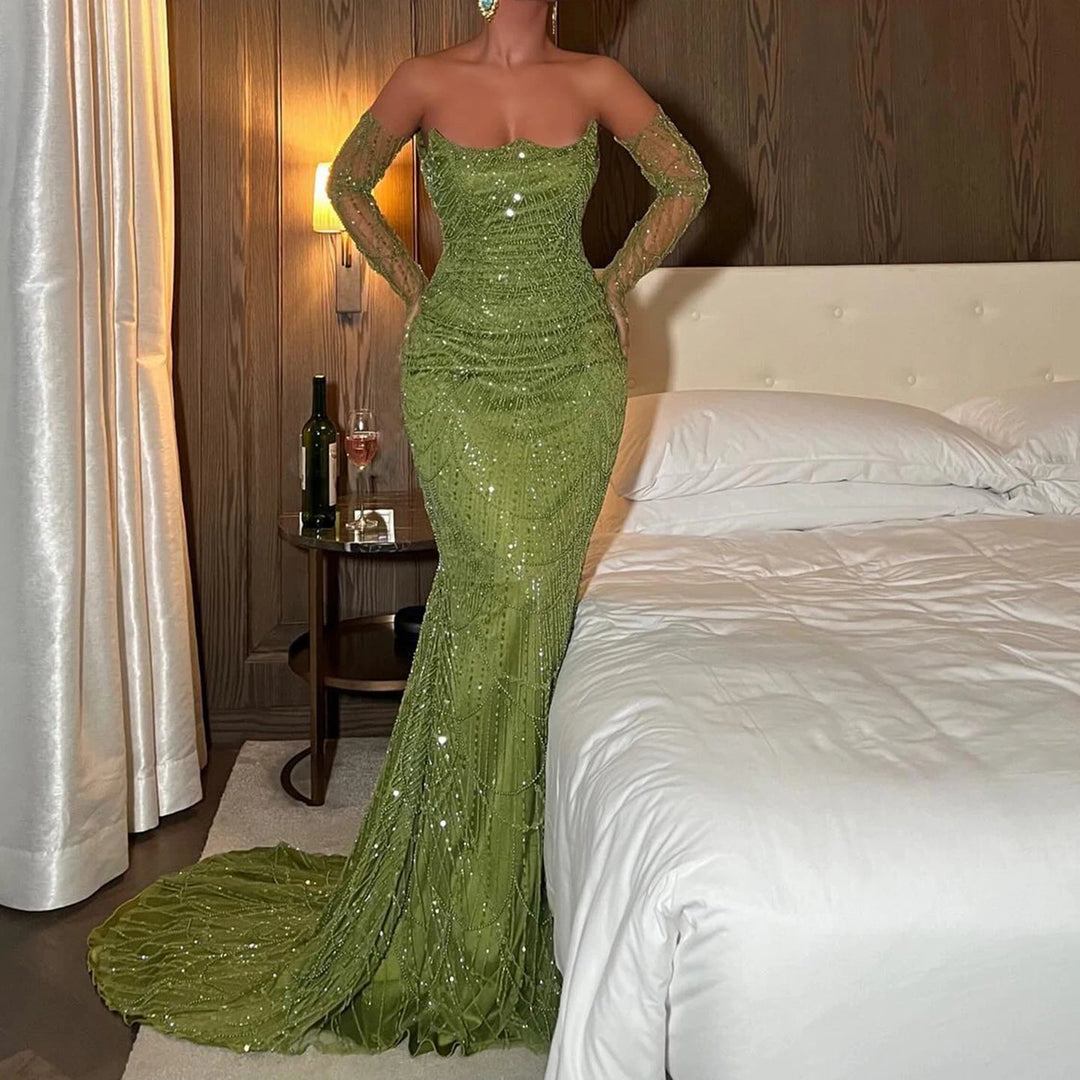 Luxury Dubai Mermaid Green Evening Dresses with Gloves SS606 Luxury Dubai Mermaid Green Evening Dresses with Gloves SS606