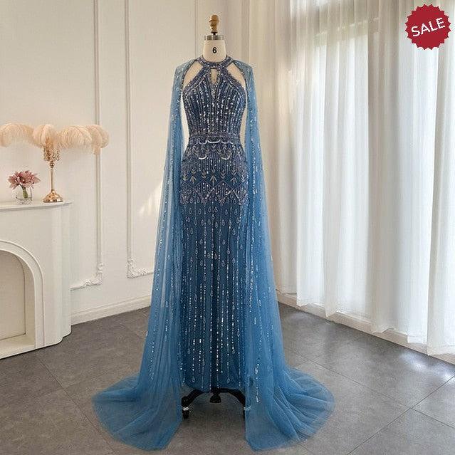 Luxury Dubai Mermaid Pink Evening Dresses with Cape Sleeves SS361