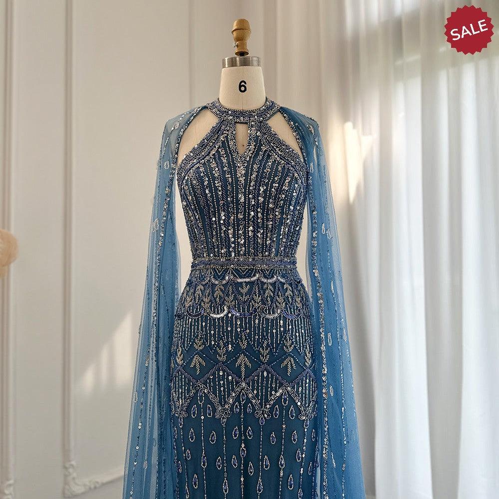 Luxury Dubai Mermaid Pink Evening Dresses with Cape Sleeves SS361