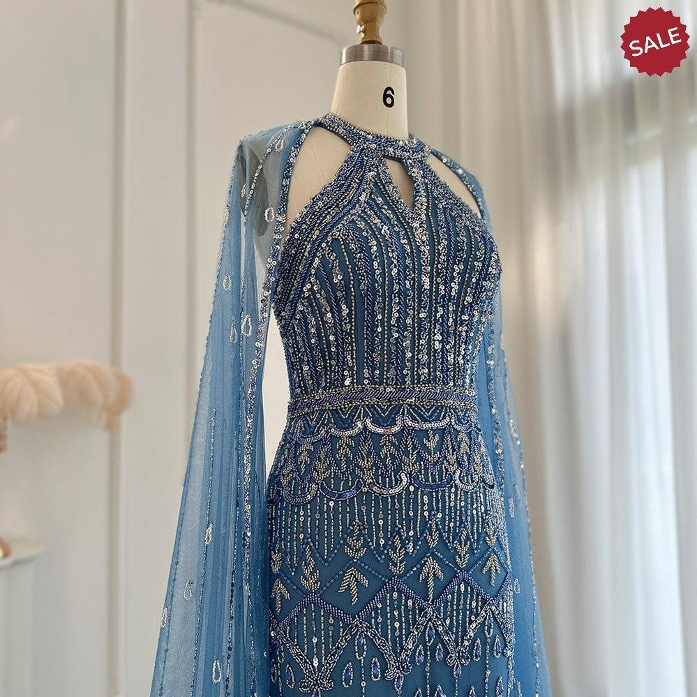 Luxury Dubai Mermaid Pink Evening Dresses with Cape Sleeves SS361