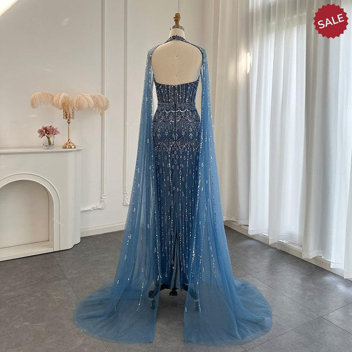 Luxury Dubai Mermaid Pink Evening Dresses with Cape Sleeves SS361