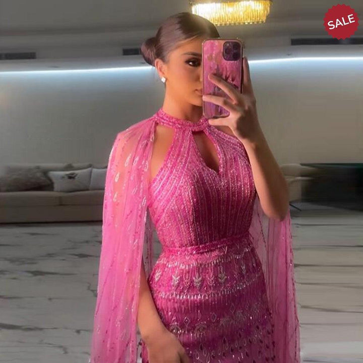 Luxury Dubai Mermaid Pink Evening Dresses with Cape Sleeves SS361