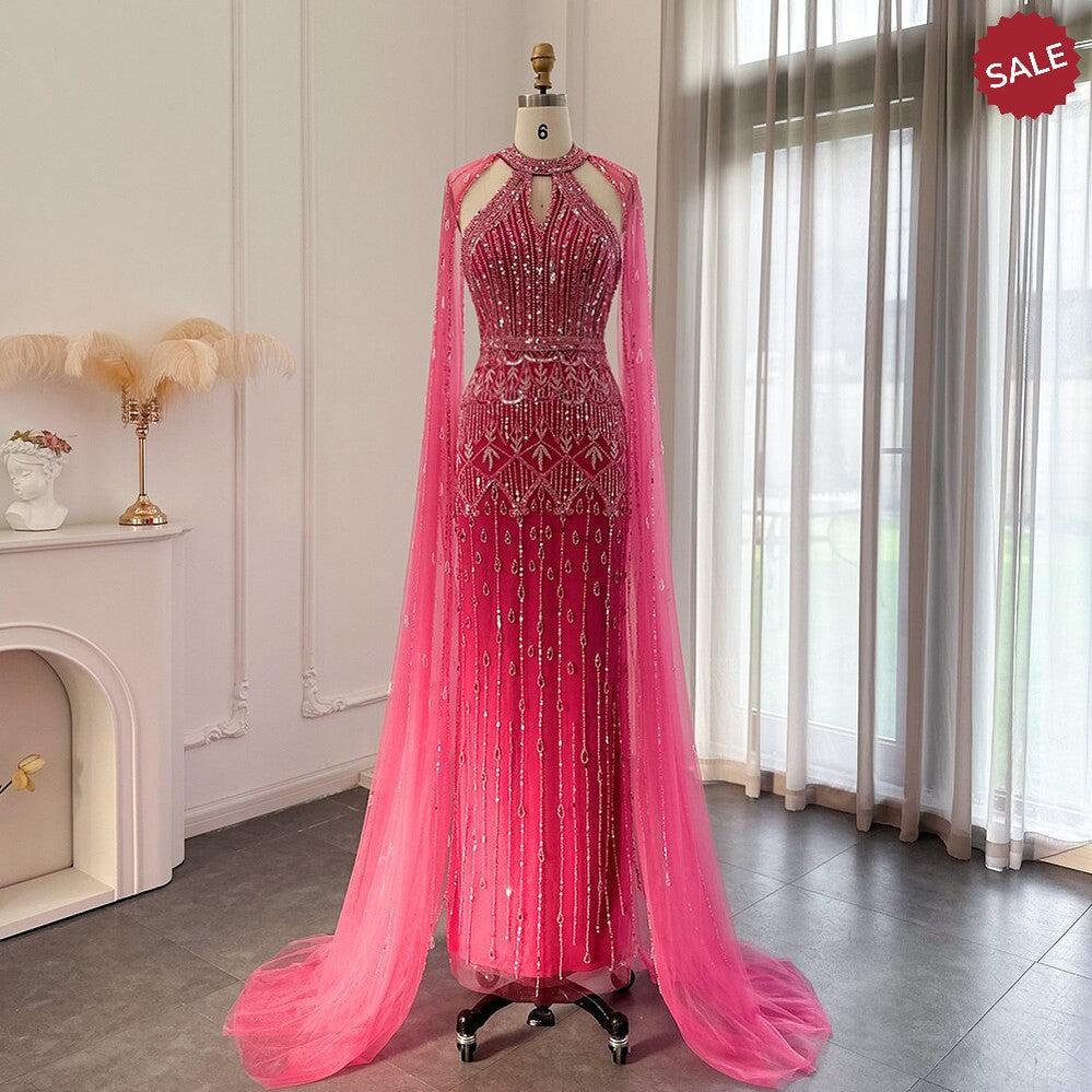 Luxury Dubai Mermaid Pink Evening Dresses with Cape Sleeves SS361