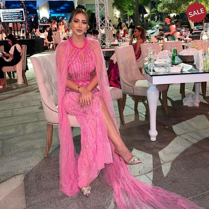Luxury Dubai Mermaid Pink Evening Dresses with Cape Sleeves SS361