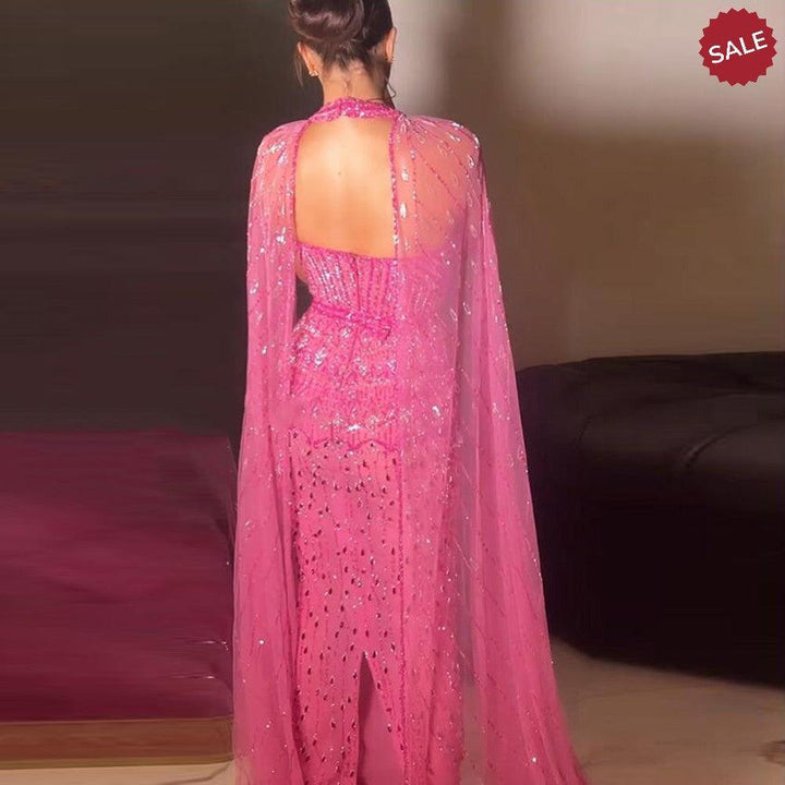 Luxury Dubai Mermaid Pink Evening Dresses with Cape Sleeves SS361