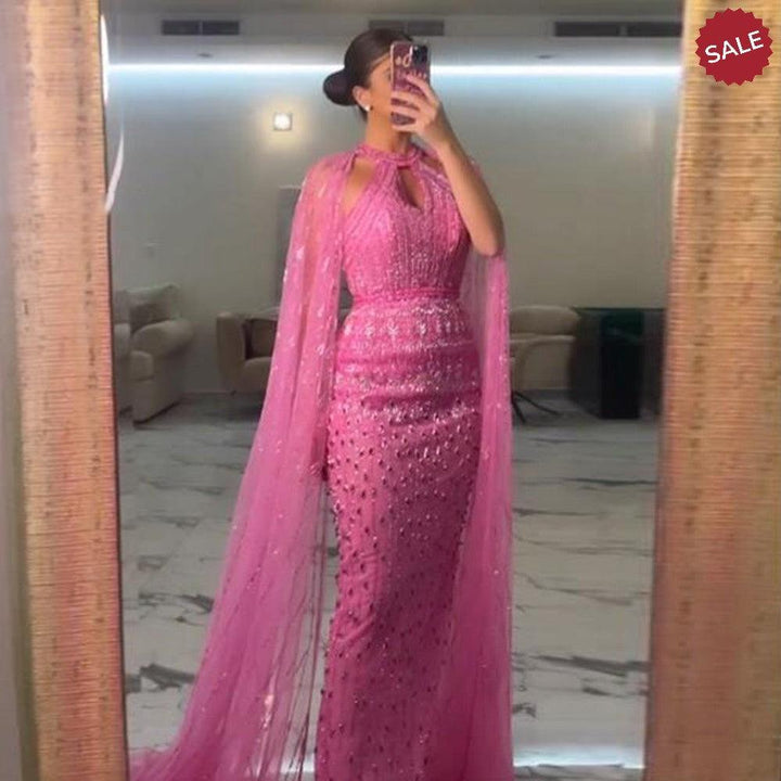 Luxury Dubai Mermaid Pink Evening Dresses with Cape Sleeves SS361