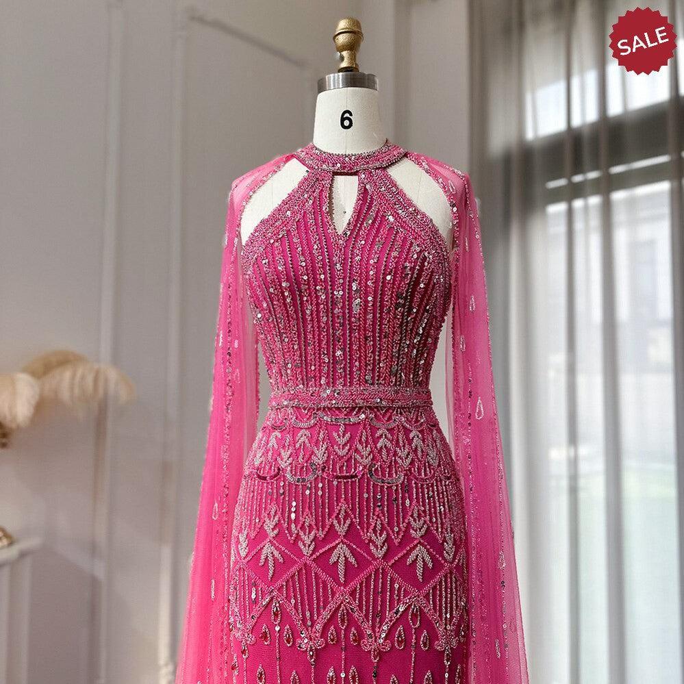 Luxury Dubai Mermaid Pink Evening Dresses with Cape Sleeves SS361
