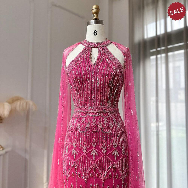 Luxury Dubai Mermaid Pink Evening Dresses with Cape Sleeves SS361